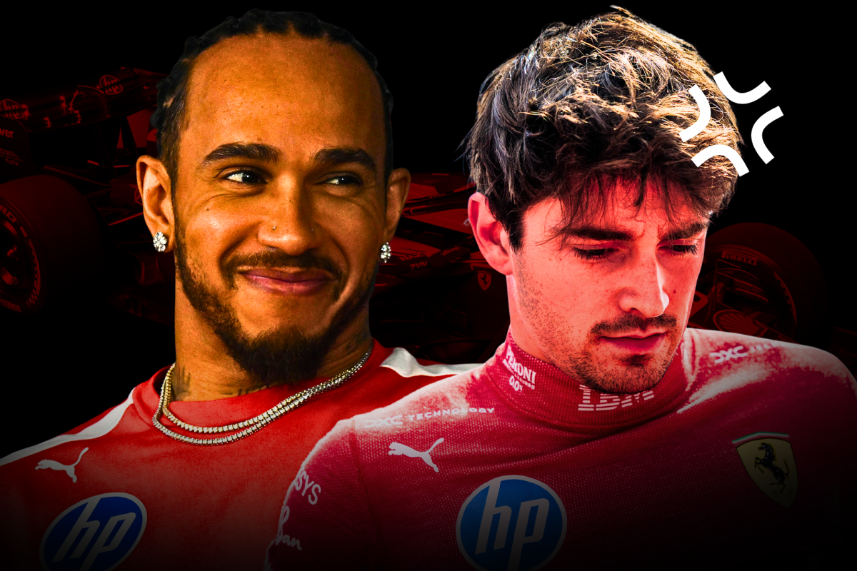 Hamilton smiling edited next to headshot of Leclerc looking glum with Ferrari car behind them and black background