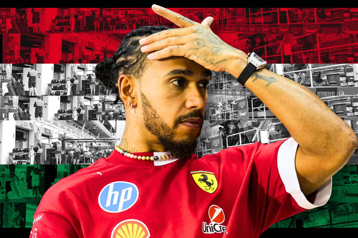 Hamilton red Ferrari t-shirt with hand on his forehead with red, white and green Hungarian flag background