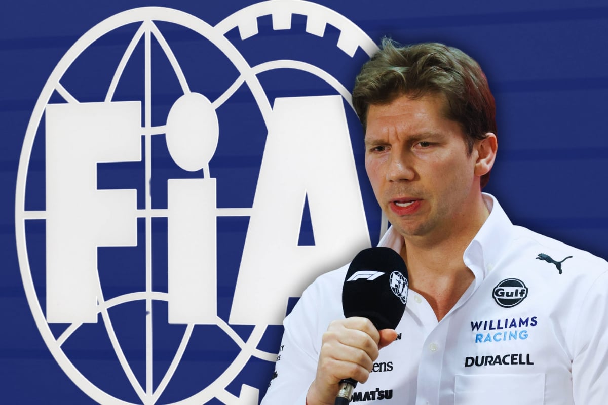 James Vowles speaking into a mic with the FIA logo as the background