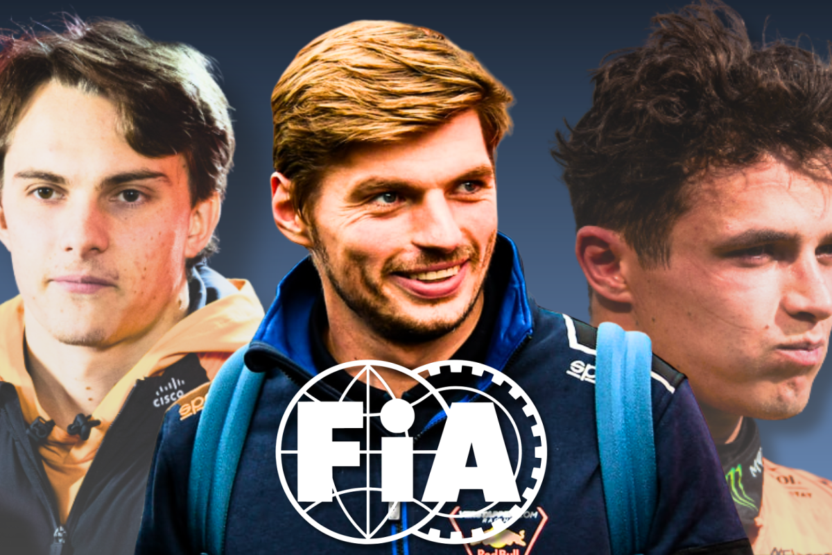 A smug-looking Verstappen with Norris and Piastri either side with annoyed expressions. There is a blue background and a white FIA logo in front of the drivers.