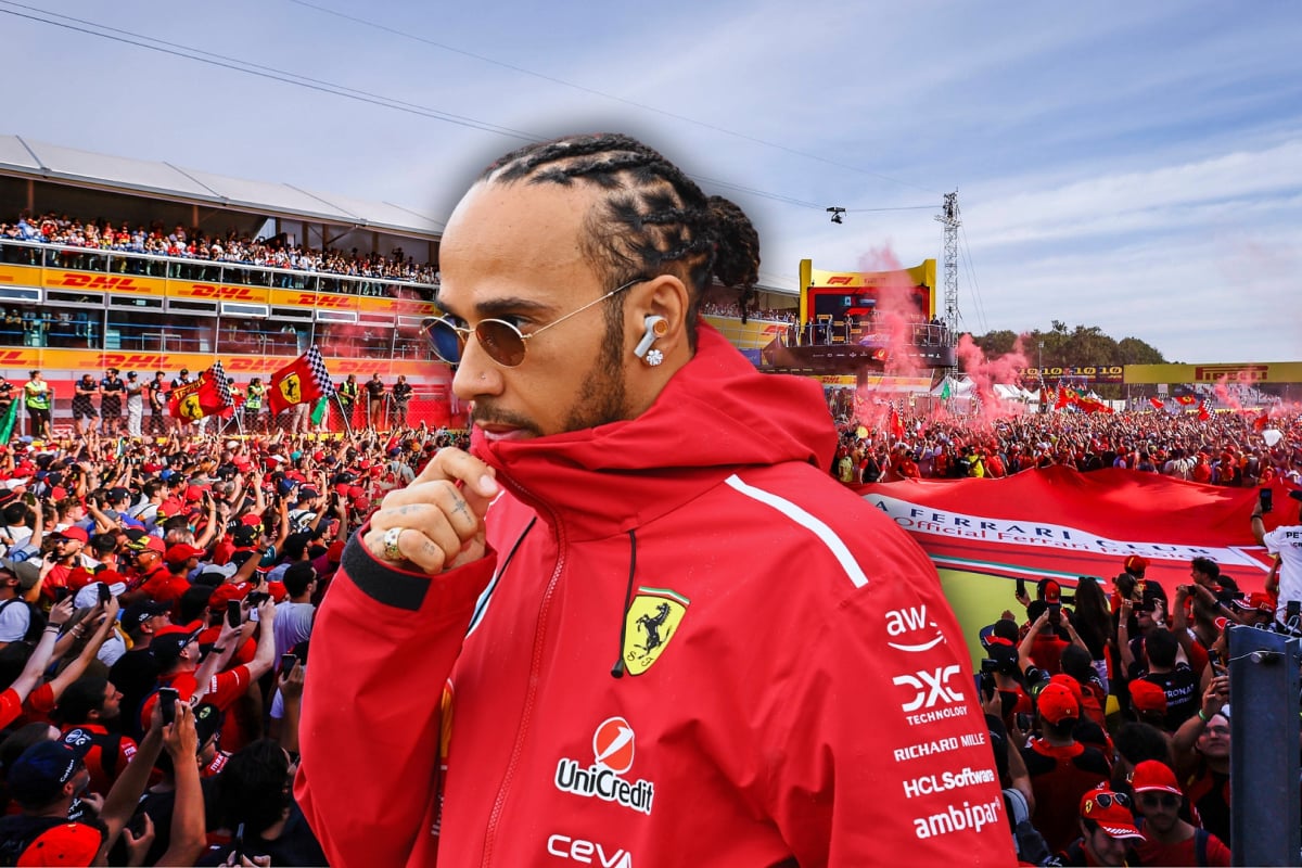 Composite image of Hamilton looking downcast in Ferrari kit with tifosi Monza background