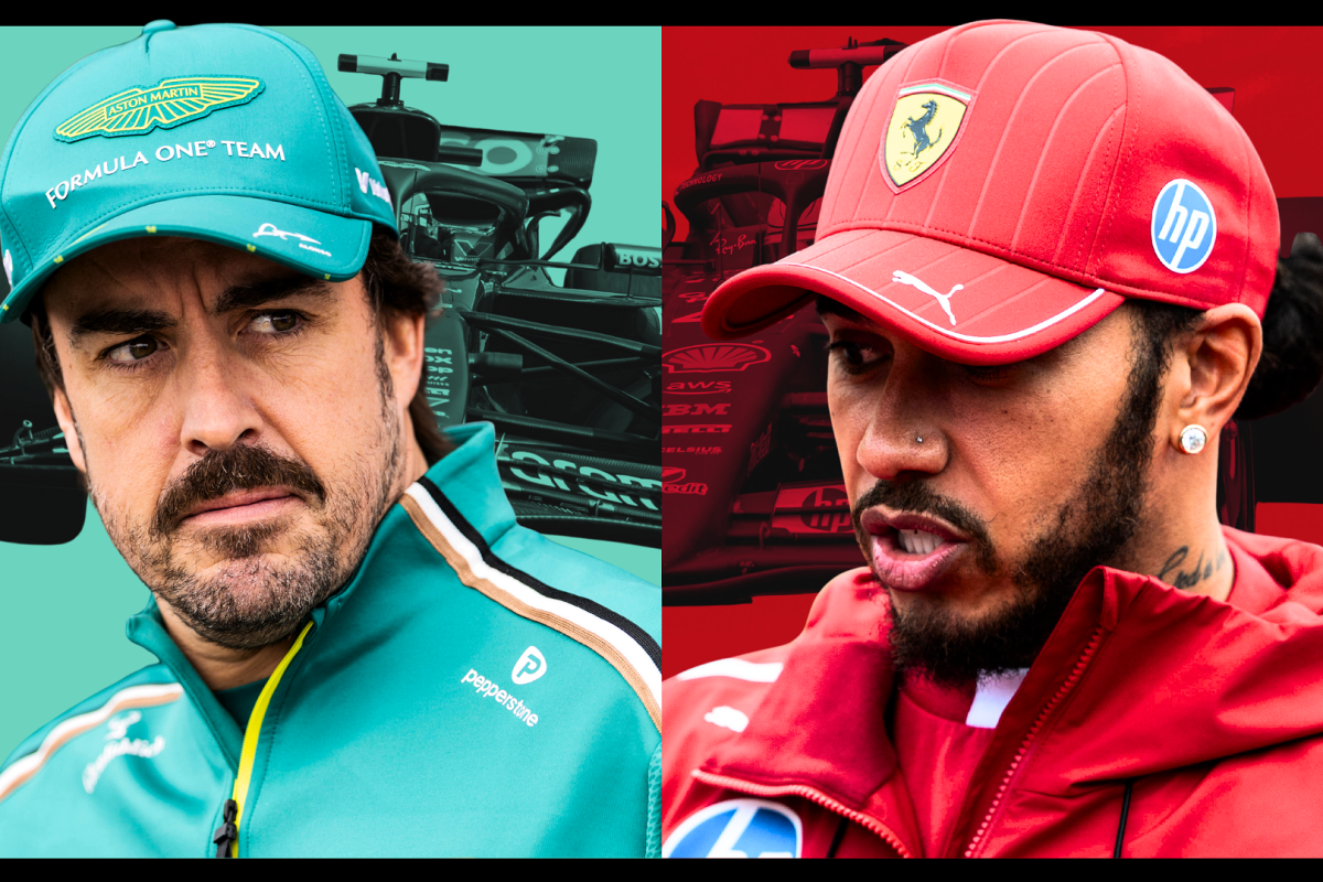 A composite image split down the middle with Alonso in Aston Martin green with a green background on the left and Hamilton in Ferrari red with a red background on the right. Both are serious headshots with their cars behind them