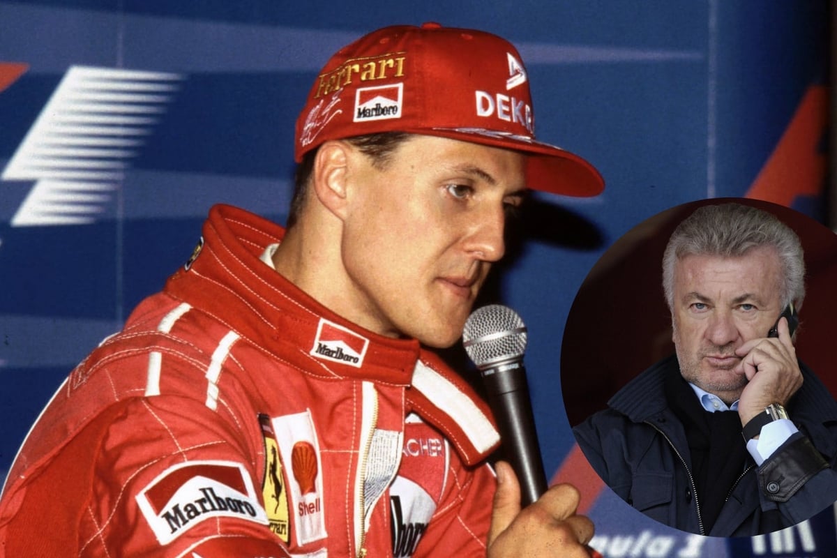 Schumacher holding microphone in Ferrari kit with circular inset of Willi Weber on the phone