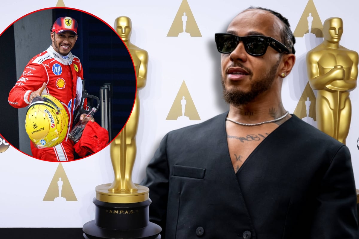 Hamilton in black suit and shades looking serious with Oscars-themed background with circular inset on the left of Hamilton in Ferrari race suit after Chinese GP