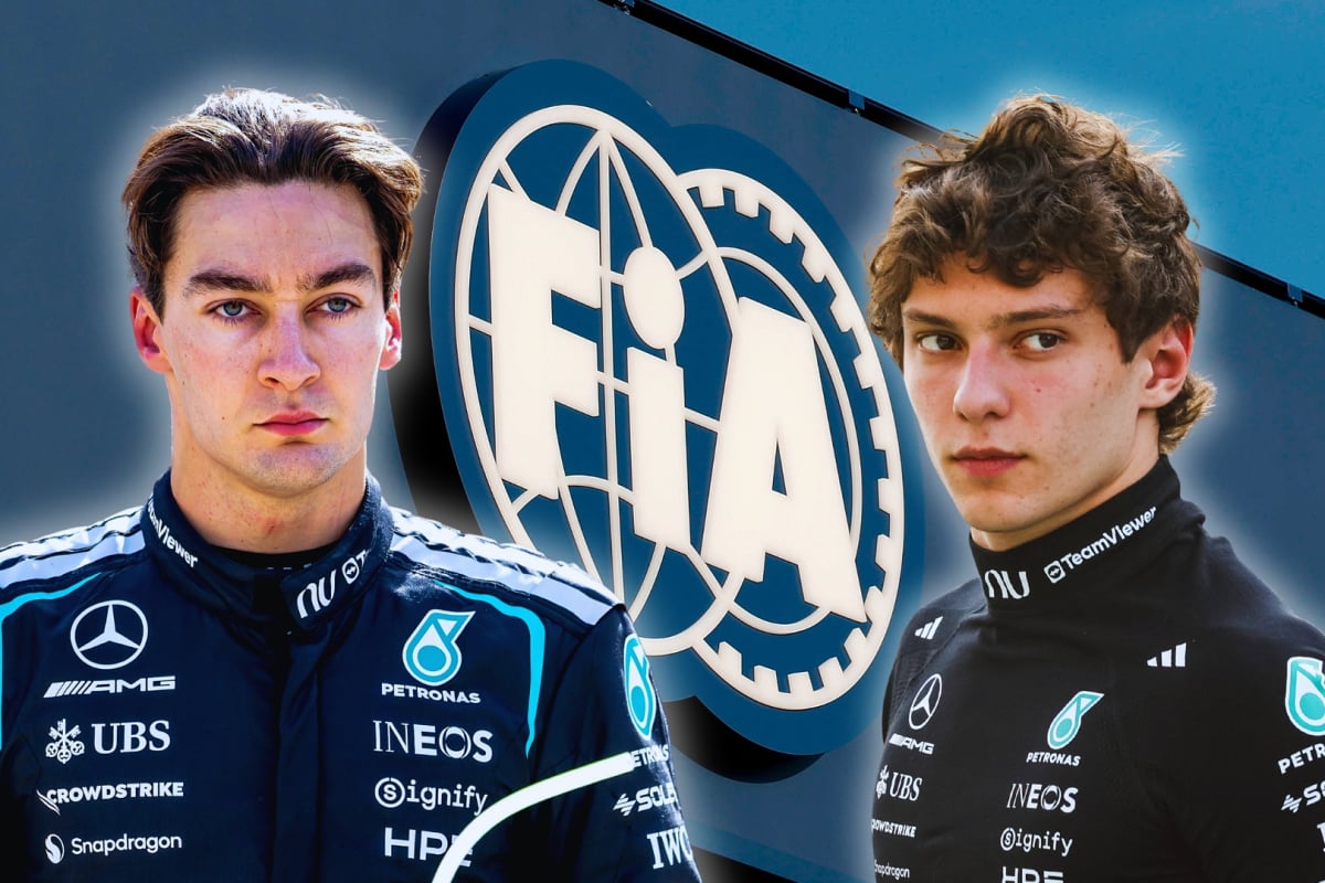 Shots of Russell and Antonelli in Mercedes race suits from the shoulders upwards looking concerned with a background of a blue building with the white FIA logo