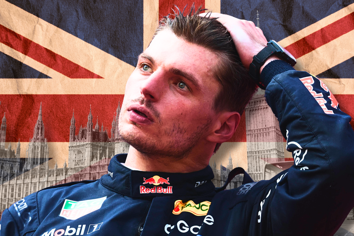 Verstappen running his hand through his hair in Red Bull race suit with union jack and London landscape as background