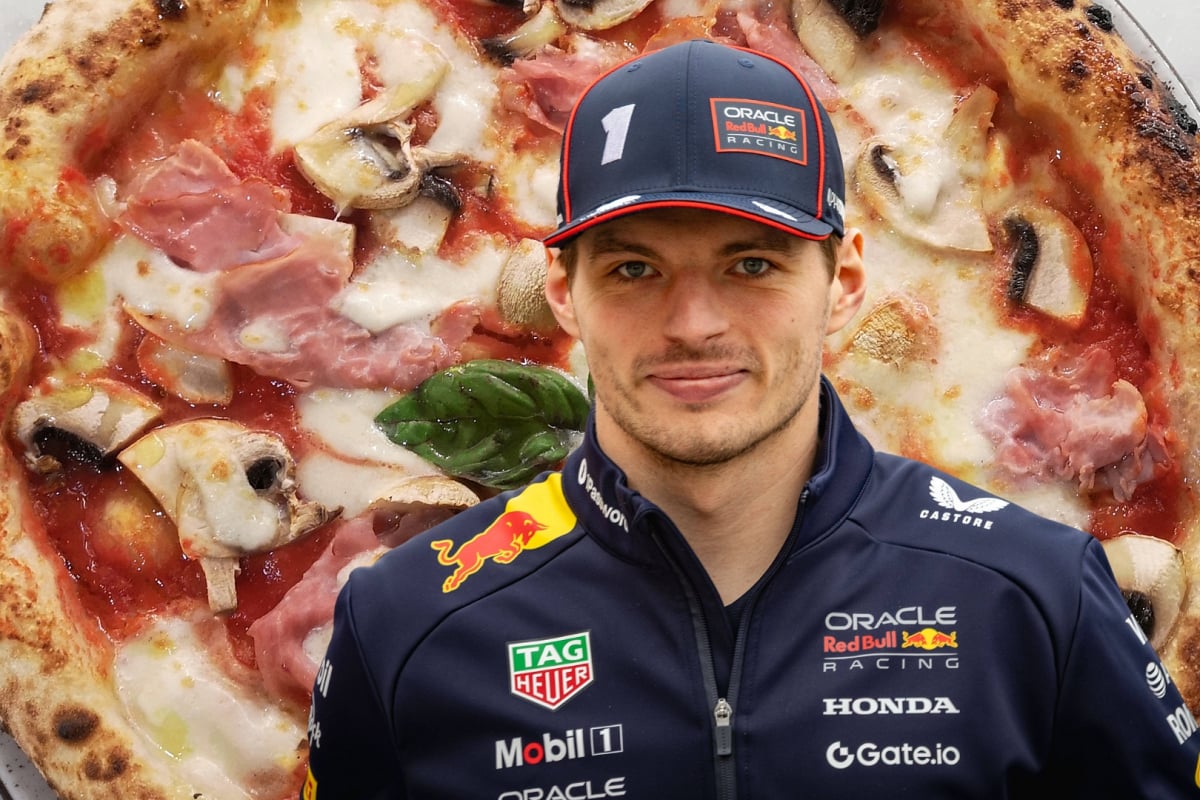 Max Verstappen is pictured with a Neapoliton Pizza behind him