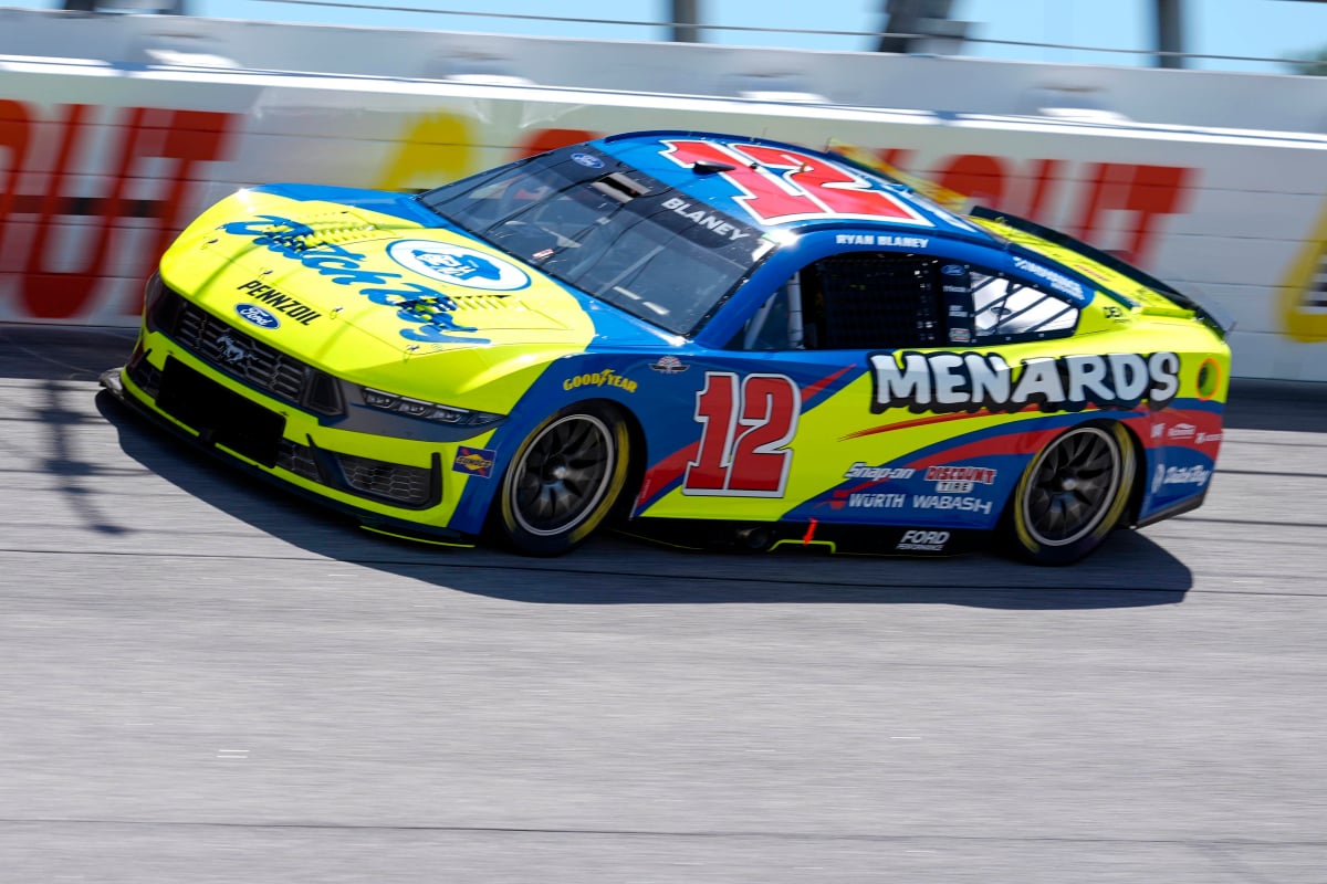 An image of NASCAR driver Ryan Blaney driving at Darlington Raceway