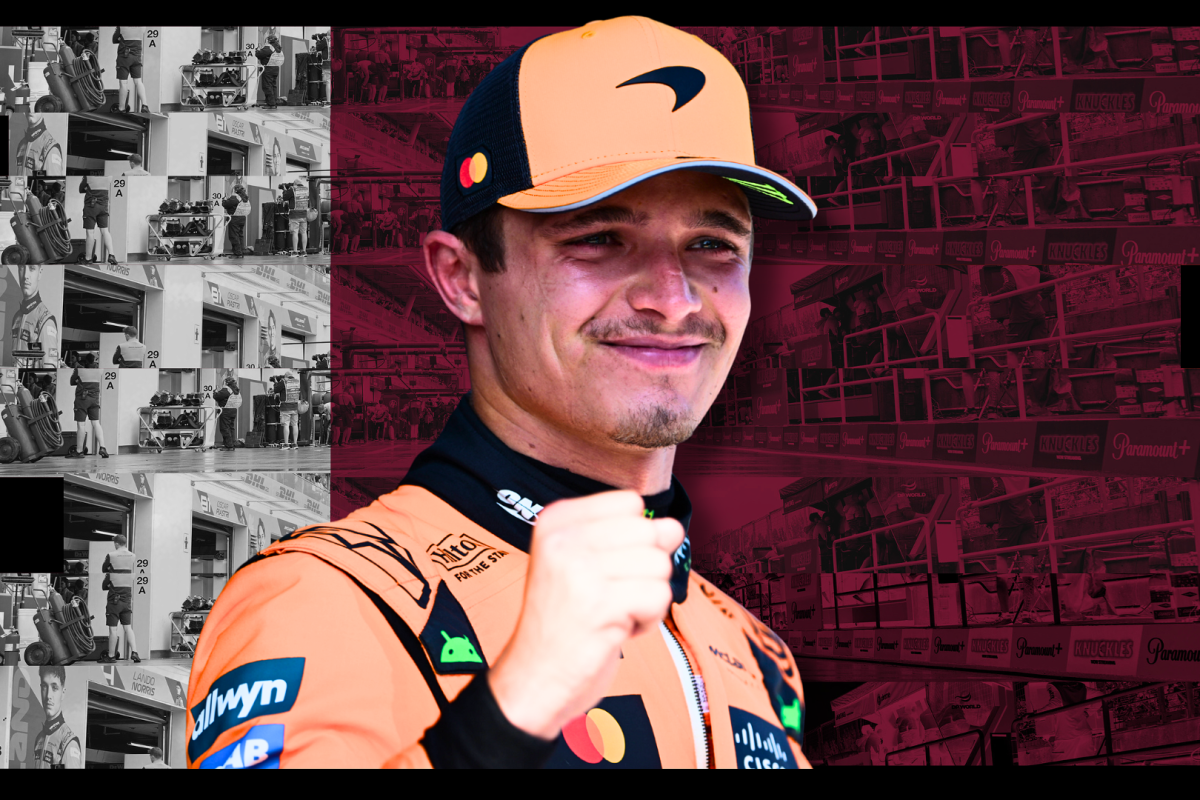 Lando Norris looking happy edited onto a background of a Qatar flag