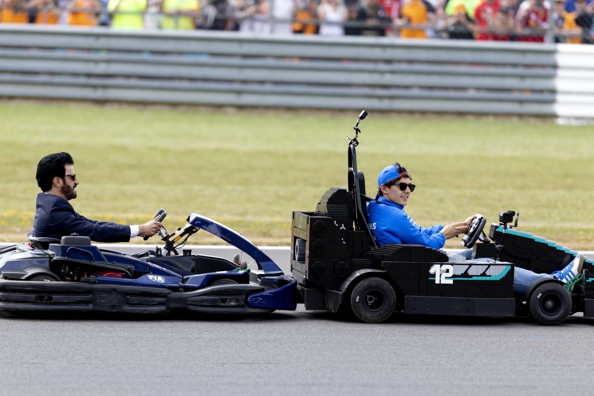 Antonelli followed by the FIA president in Lego kart race at Silverstone
