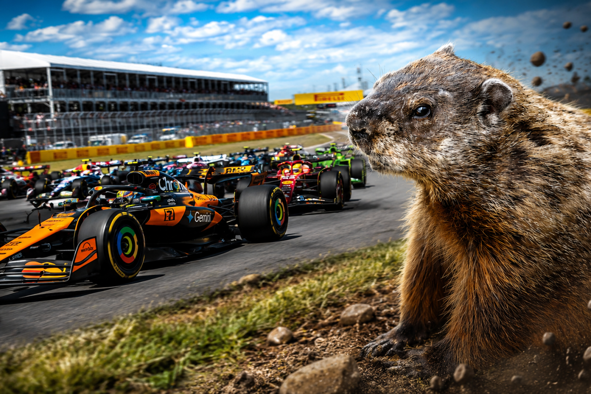 A groundhog watches on as the F1 cars race around the Canadian GP circuit