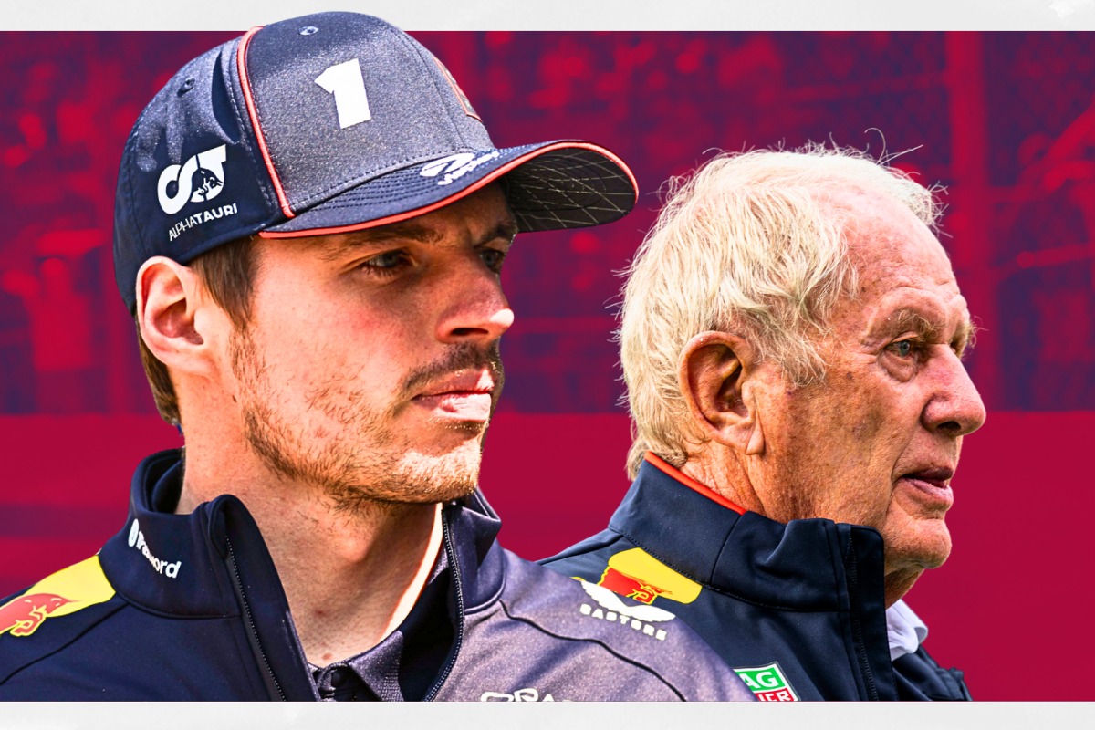 Composite image of Max Verstappen looking at Helmut Marko with a Red Bull graphic background