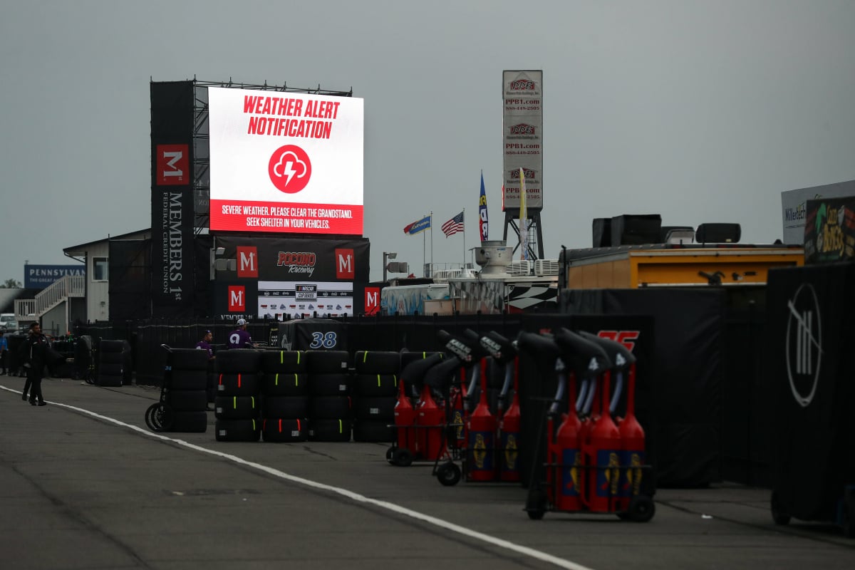 An image of a weather warning at Pocono Raceway ahead of a NASCAR race
