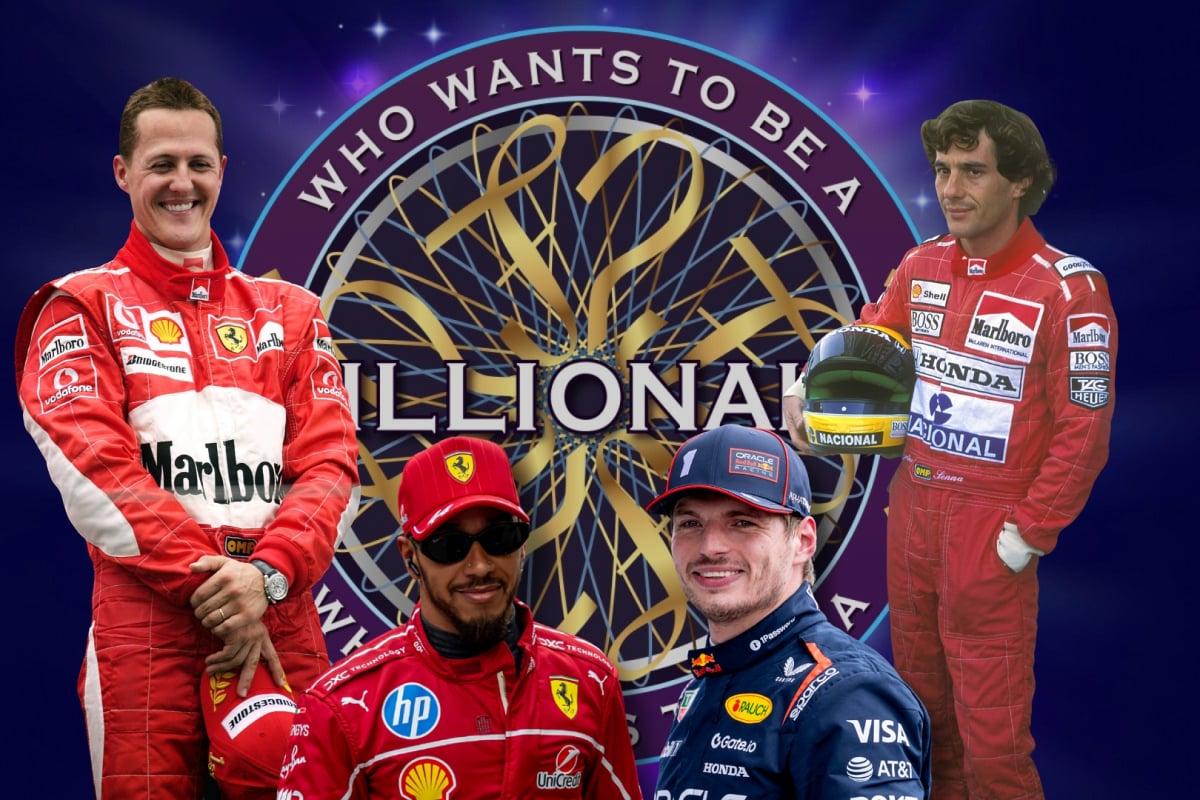 Michael Schumacher, Lewis Hamilton, Max Verstappen, Ayrton Senna pictured in front of a Who Wants to Be a Millionaire? logo