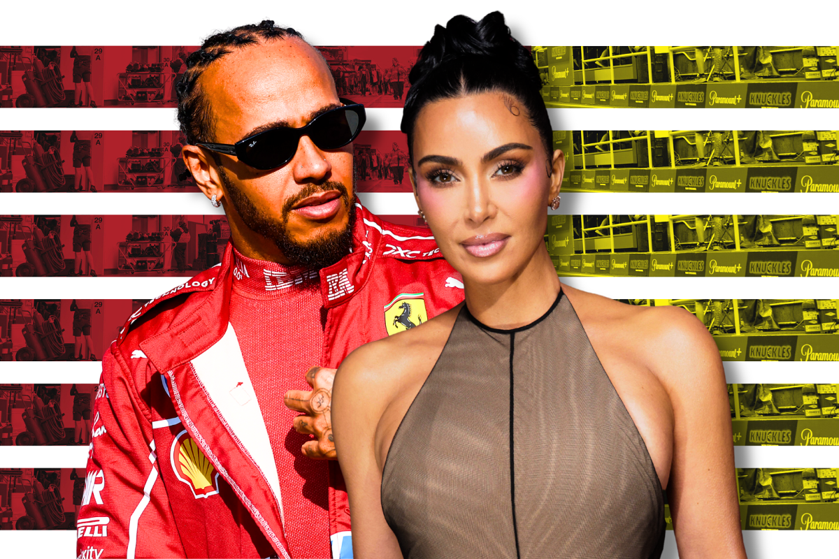 Hamilton in Ferrari F1 race suit edited alongside Kim Kardashian in full glam with white, red and yellow graphic background