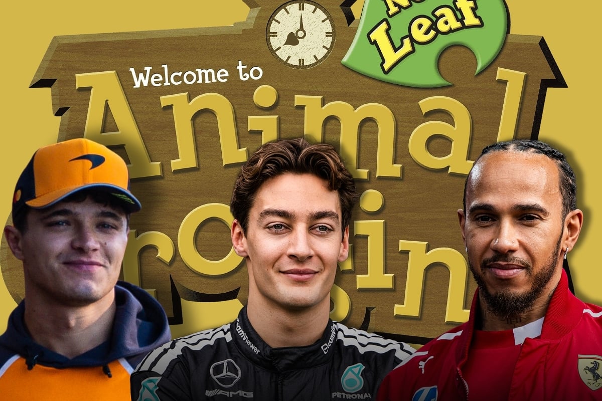 The Animal Crossing logo sits behind Lewis Hamilton, Lando Norris and George Russell, all of whom are smiling