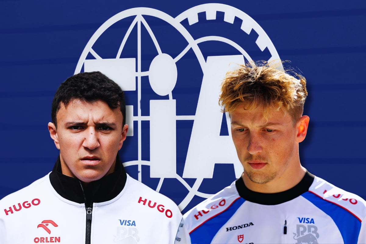 RB drivers Hadjar and Lawson looking angry in front of FIA logo
