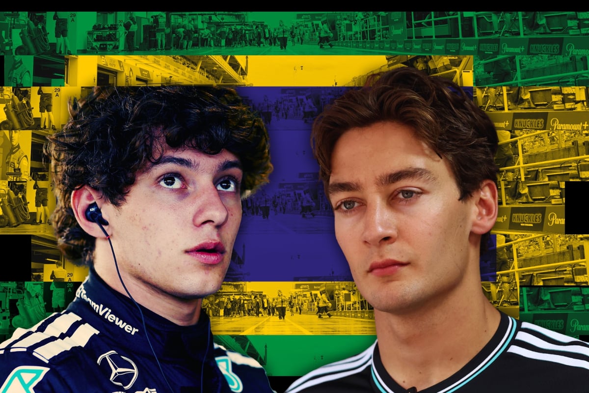 Russell and Antonelli in Mercedes kit with a serious expression in front of an edited Brazilian flag-themed background
