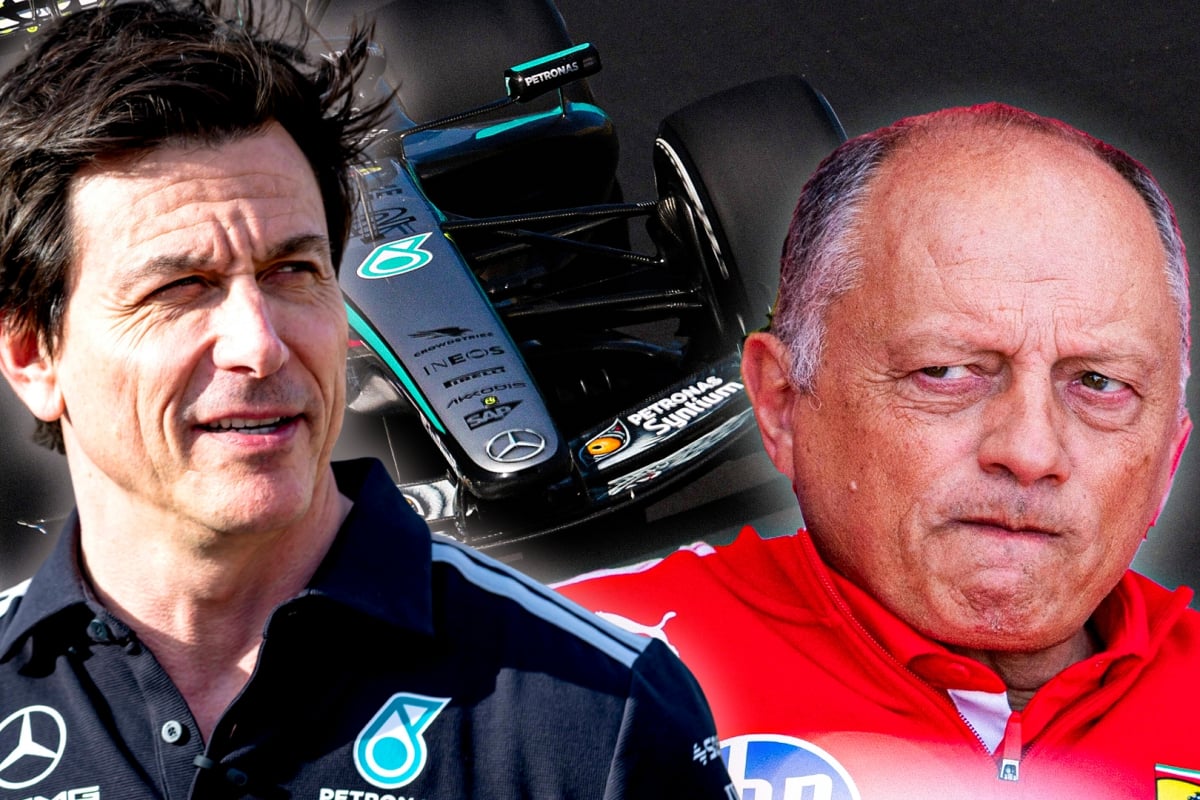 An edited image of Toto Wolff grinning and Fred Vasseur looking suspicious on the backdrop of a Mercedes car