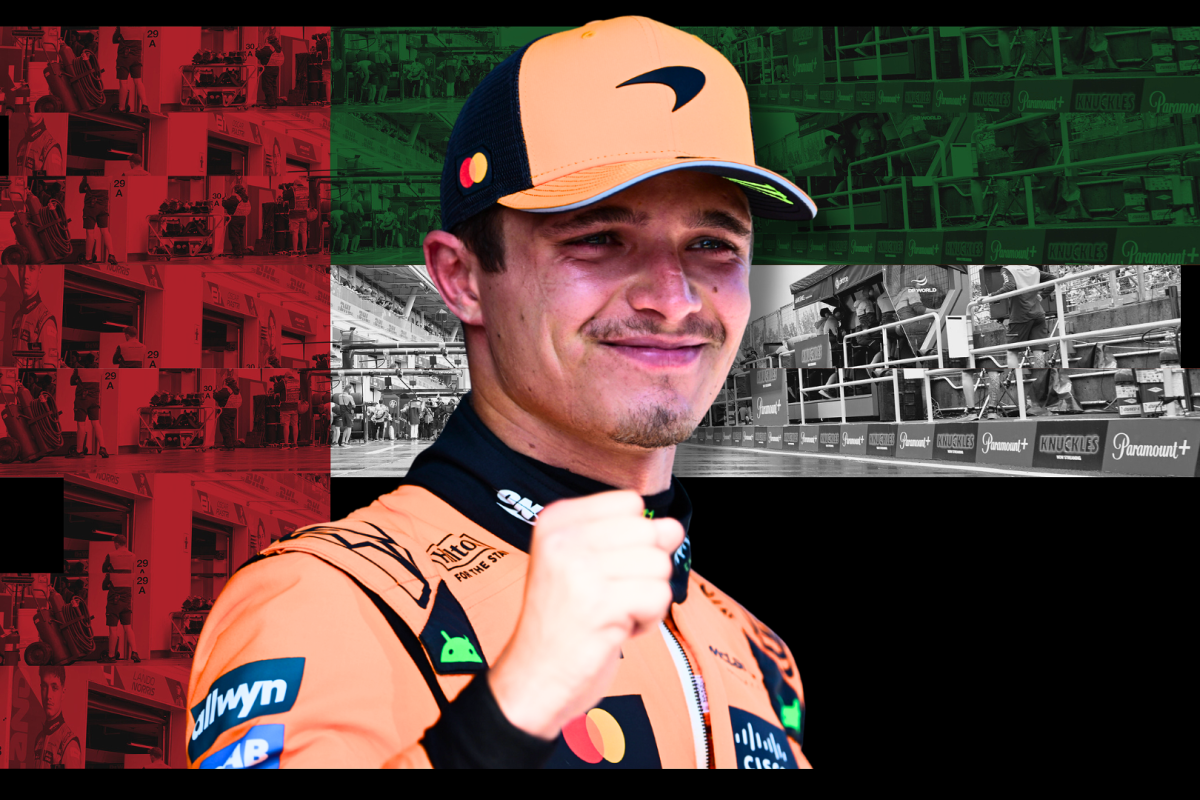 Lando Norris smiling and celebrating edited onto a background of UAE flag