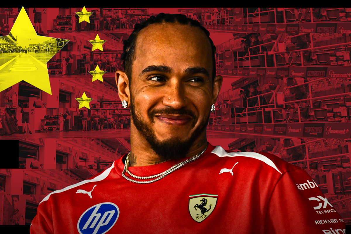 Lewis Hamilton is pictured in front of a Chinese flag