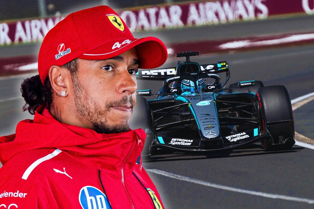 Cut out of Hamilton looking concerned in a Ferrari cap and coat with a background of Russell's Mercedes F1 car