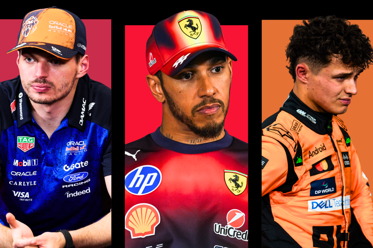 Verstappen, Hamilton and Norris in respective teamwear edited in front of burgundy, red and orange rectangles ona. black background