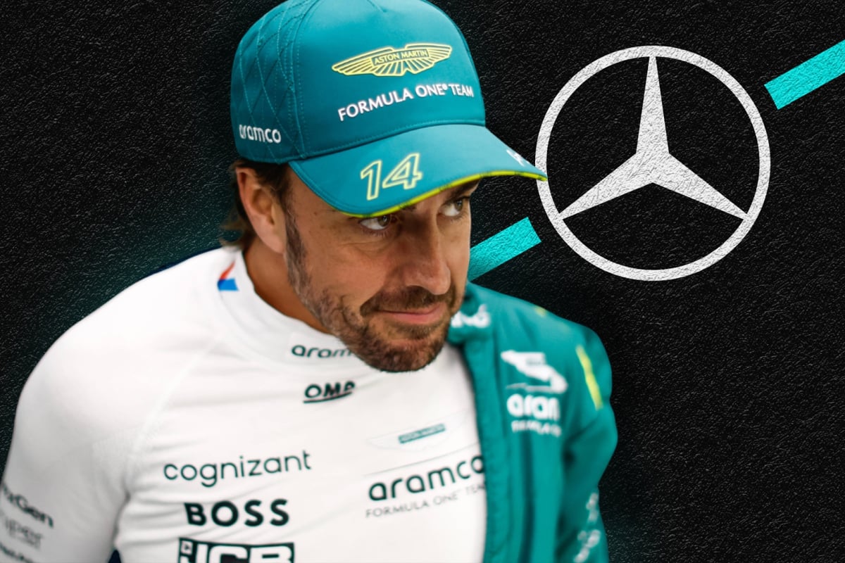 Fernando Alonso in Aston Martin kit in front of a Mercedes logo
