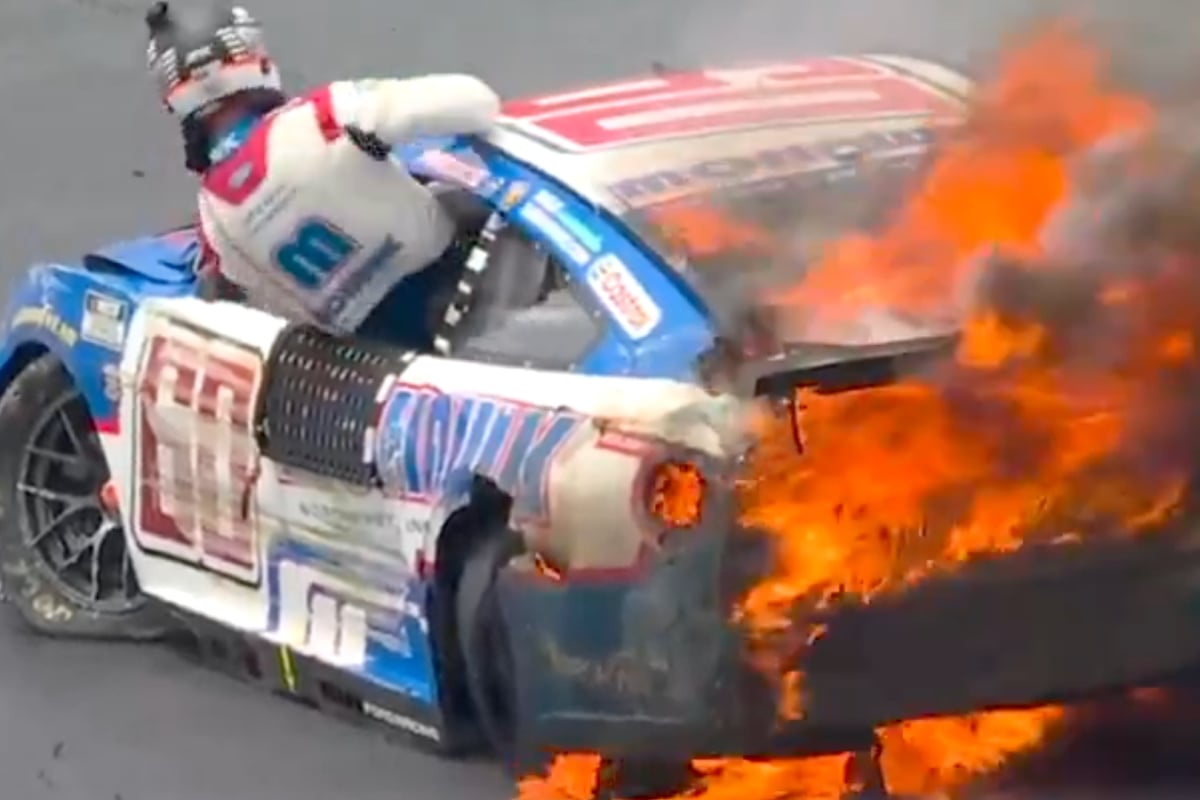 An image of Ryan Preece's NASCAR car up in flames at Dover Motor Speedway