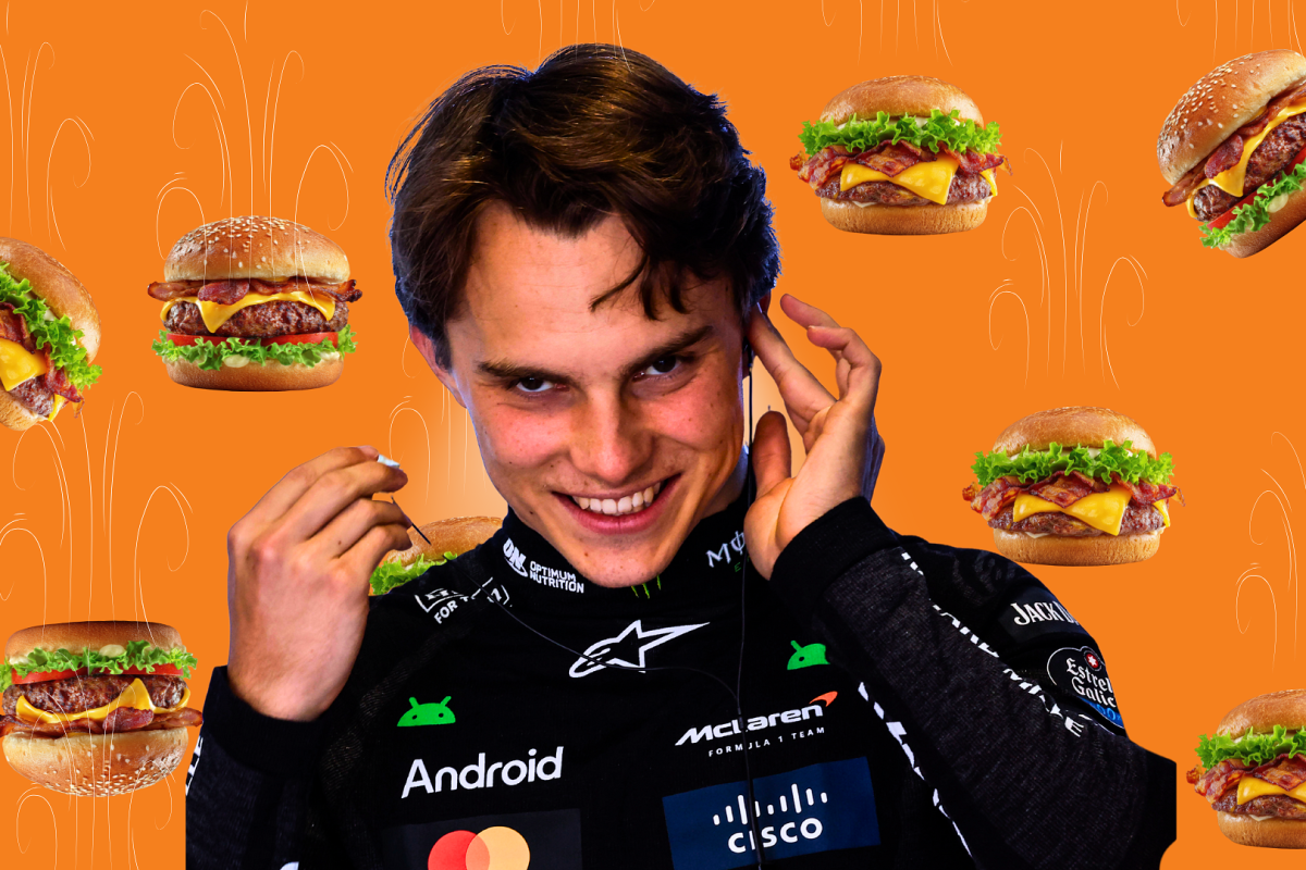 Oscar Piastri smiles as burgers fall around his head