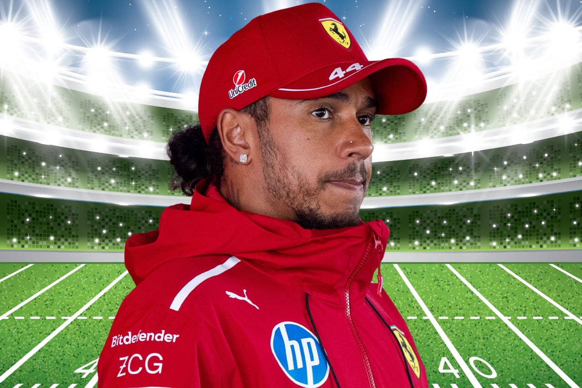 Lewis Hamilton with an NFL stadium graphic in the background