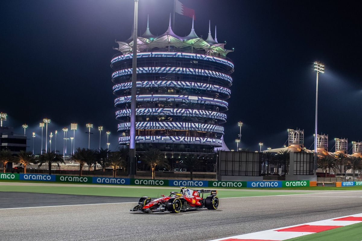Lewis Hamilton drives his car at the Sakhir race track in pre-season testing