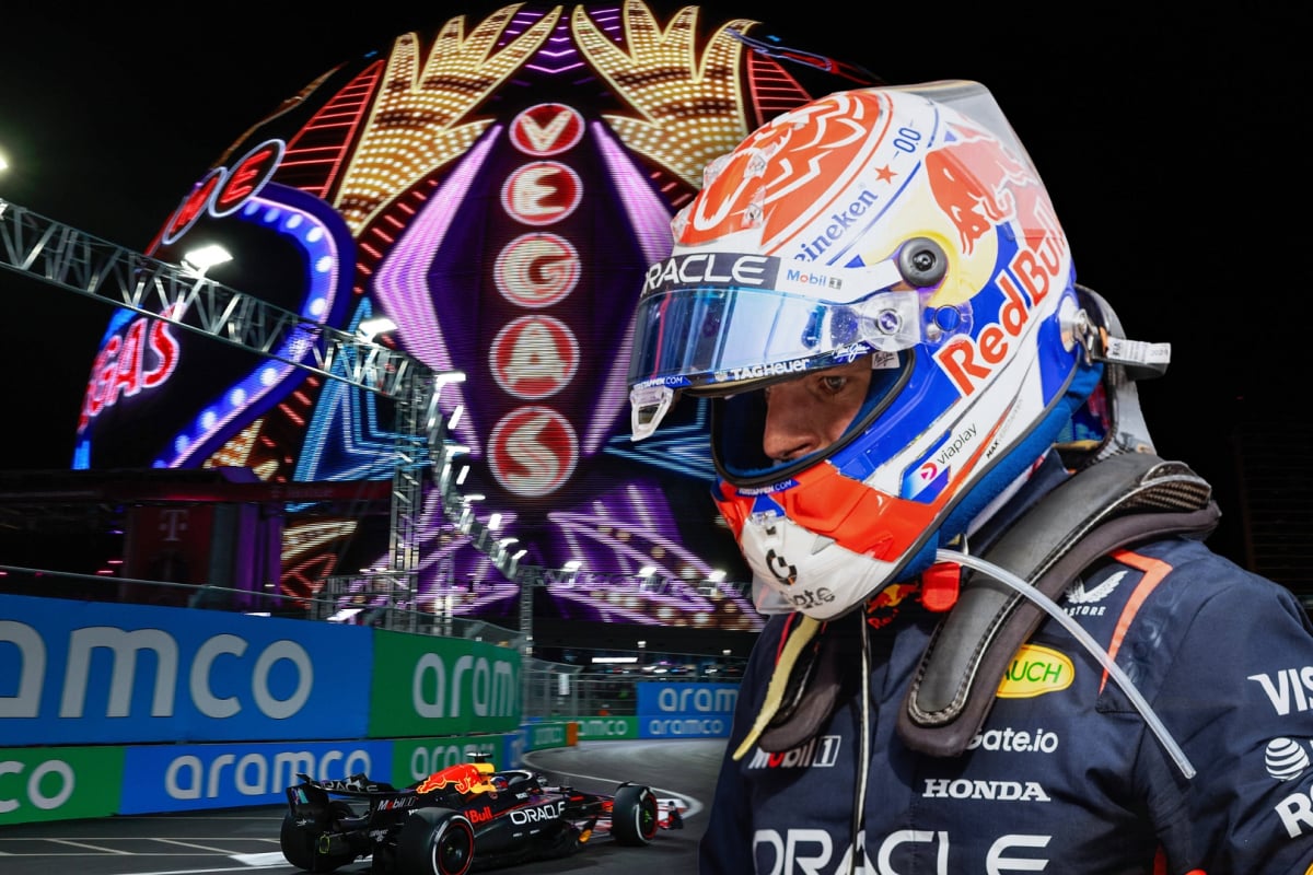 Verstappen in his race suit and helmet edited in front of a picture of a Red Bull car on the Vegas track below the sphere at night