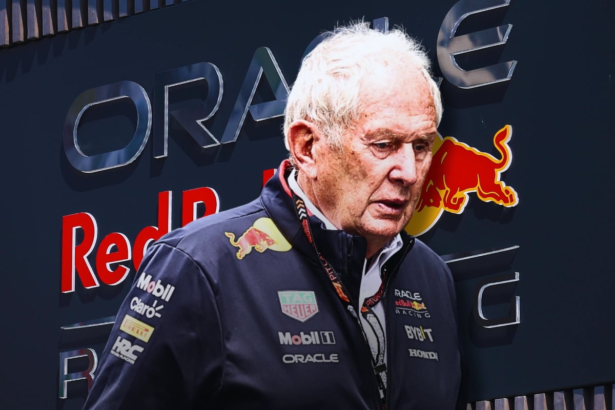 Composite image of Helmut Marko in front of Red Bull logo