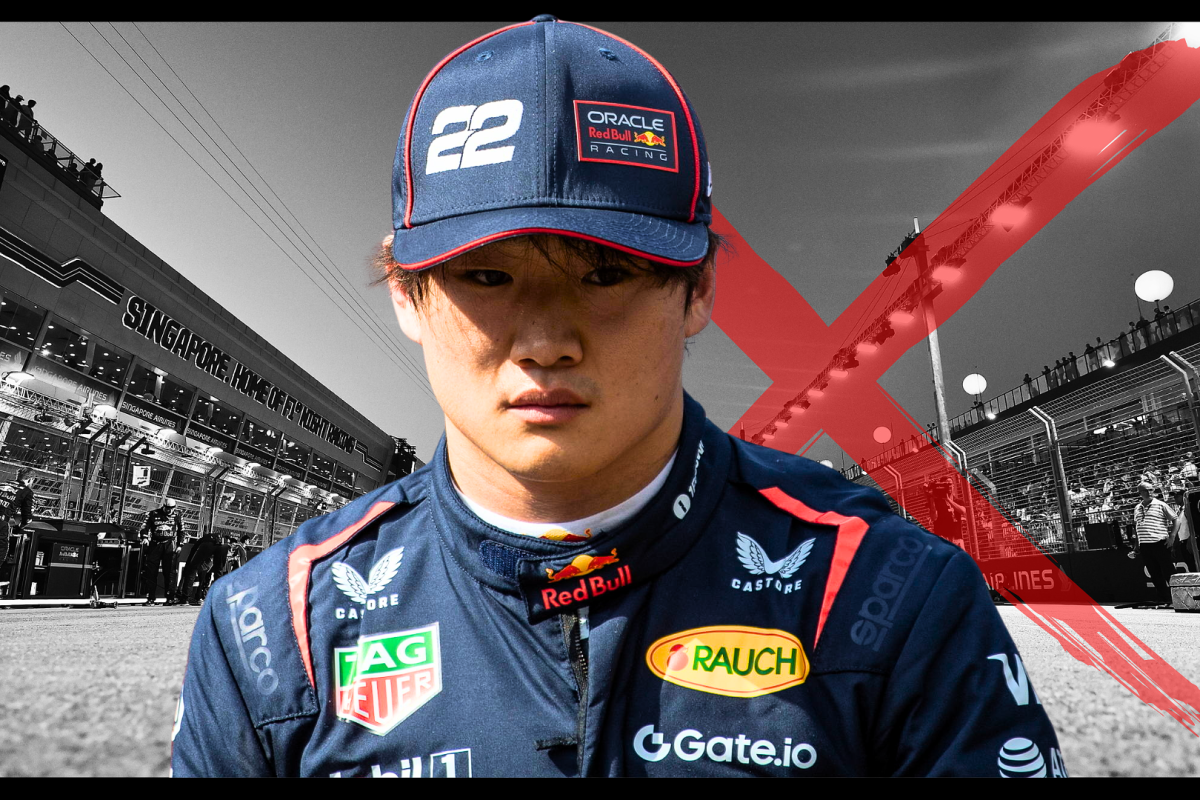 Yuki Tsunoda looking sad on a black and white background of the F1 grid 