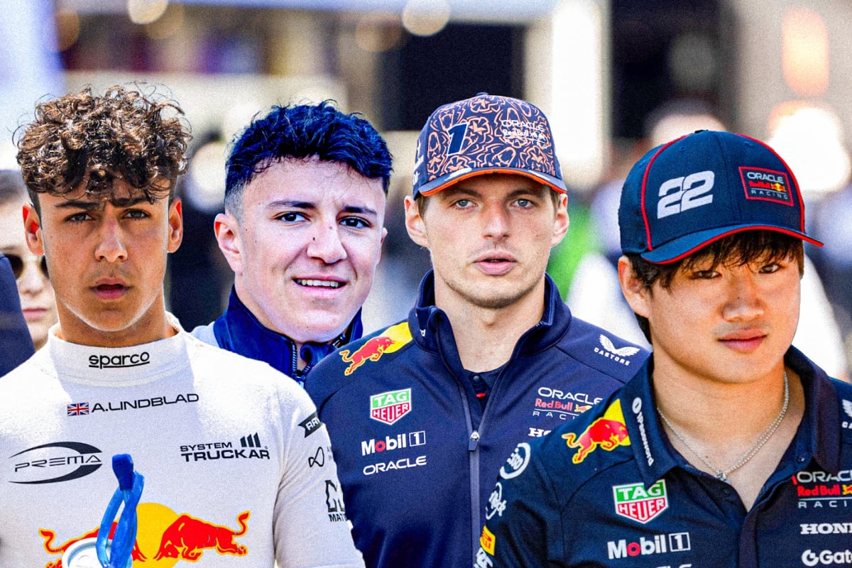 An edited image of Lindblad, Hadjar, Verstappen and Tsunoda all lined up in various Red Bull race suits