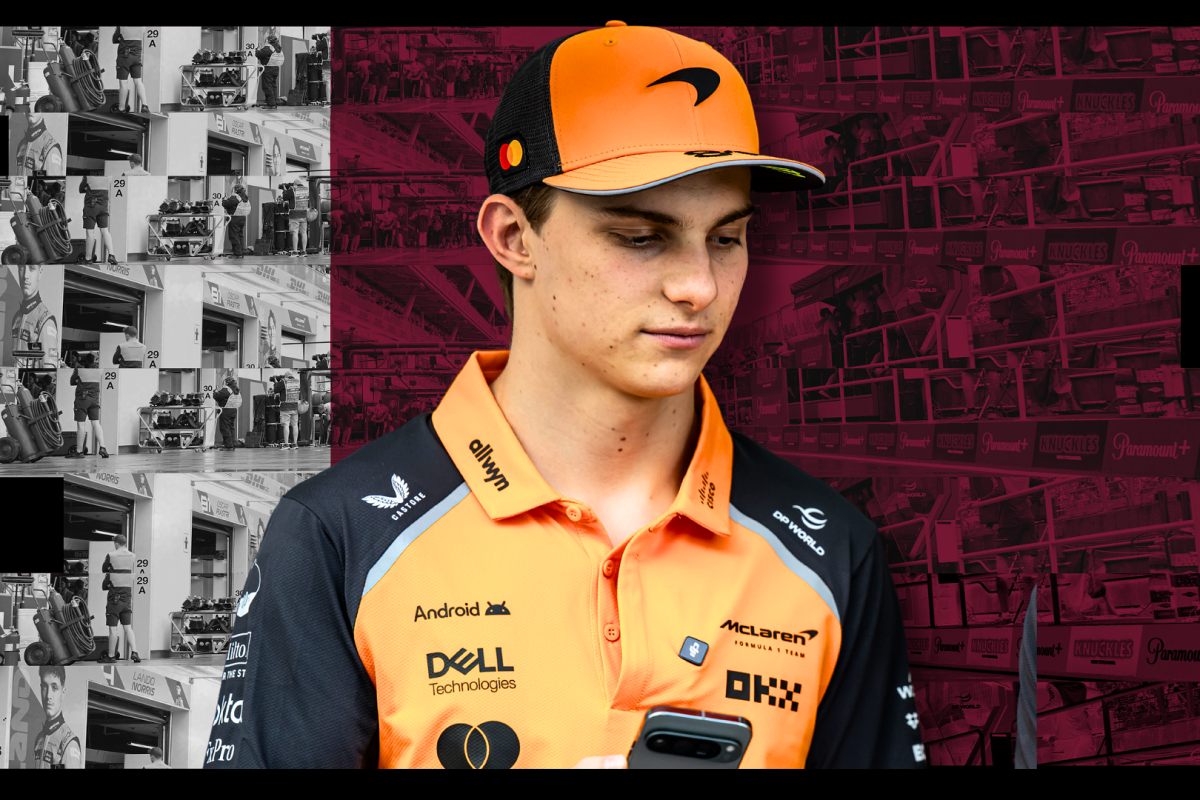 Oscar Piastri looking sad edited onto a background of the Qatar flag