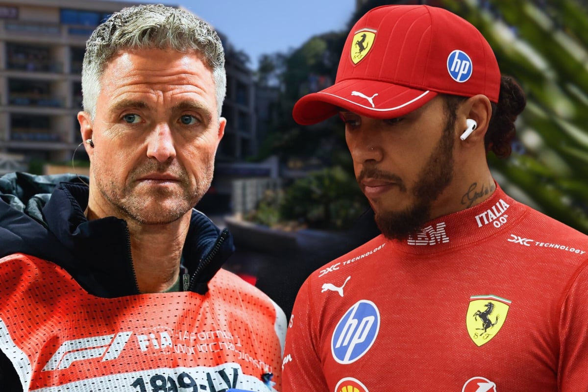 Composite image of F1 pundit Ralf Schumacher in a media vest with Lewis Hamilton in Ferrari kit