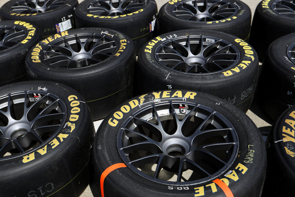 A generic image of several Goodyear tires being prepared for a NASCAR race weekend