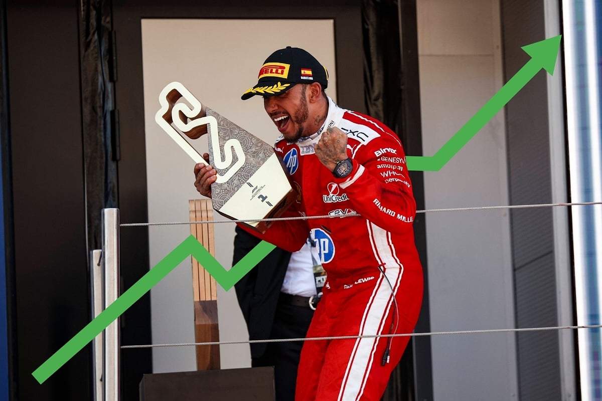 Lewis Hamilton celebrates on the podium at the Barcelona GP with a green arrow denoting a share price increase running behind him
