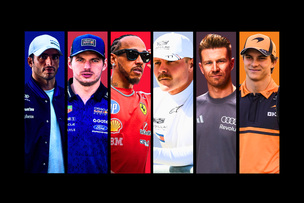 sainz, verstappen, hamilton, bottas, hulkenberg and piastri edited in separate coloured columns alongside each other in their own F1 2026 team kit