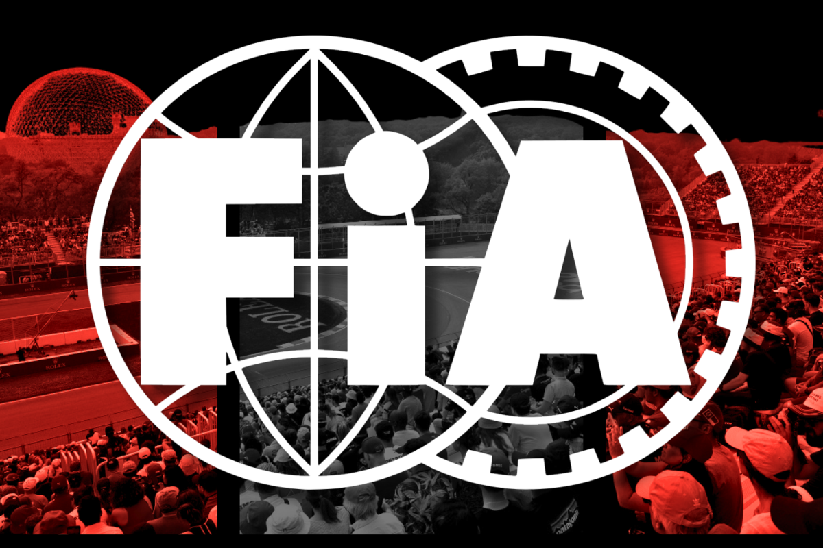 white FIA logo with Canadian GP F1 themed background in red and white