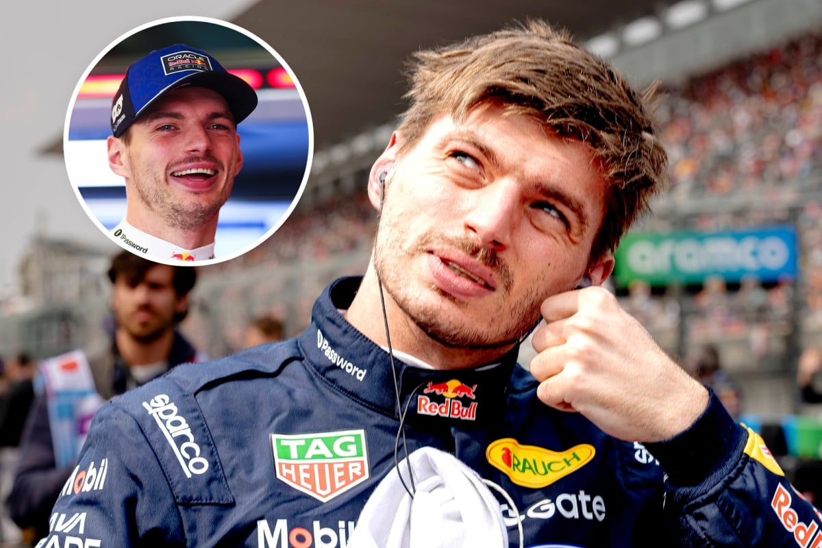 Max Verstappen frowning up at an inset of Max Verstappen looking cheeky 