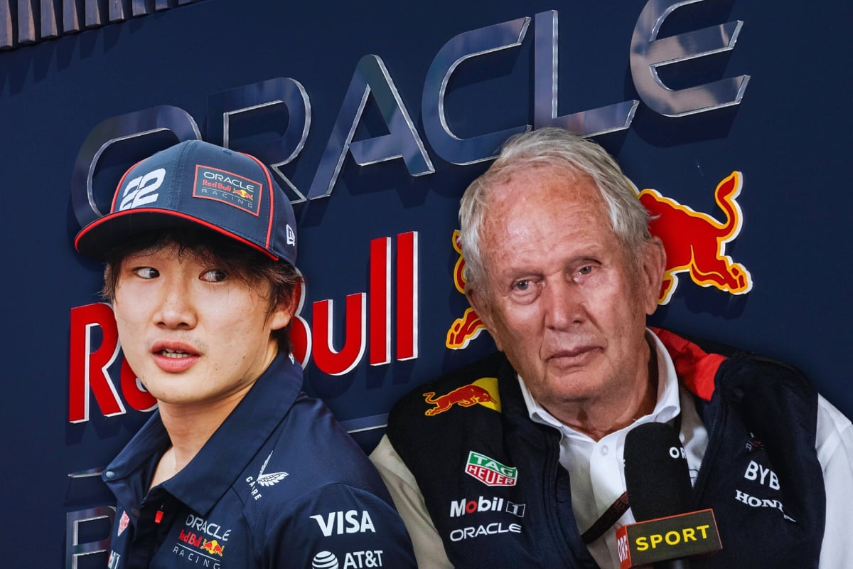 composite image of marko and tsunoda in front of the red bull racing logo