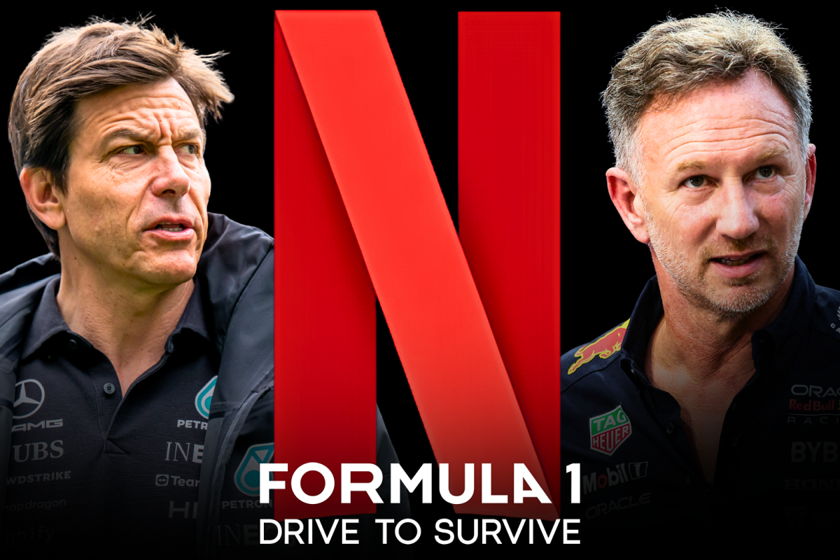 Wolff looking annoyed and Horner looking serious either side of Netflix Drive to Survive logo