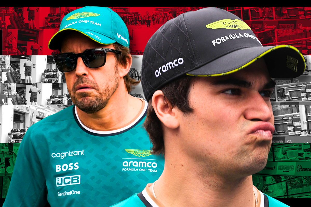 Alonso looking distraught with Stroll pursing his lips, both in green Aston Martin kit with red, white and green Hungarian flag background
