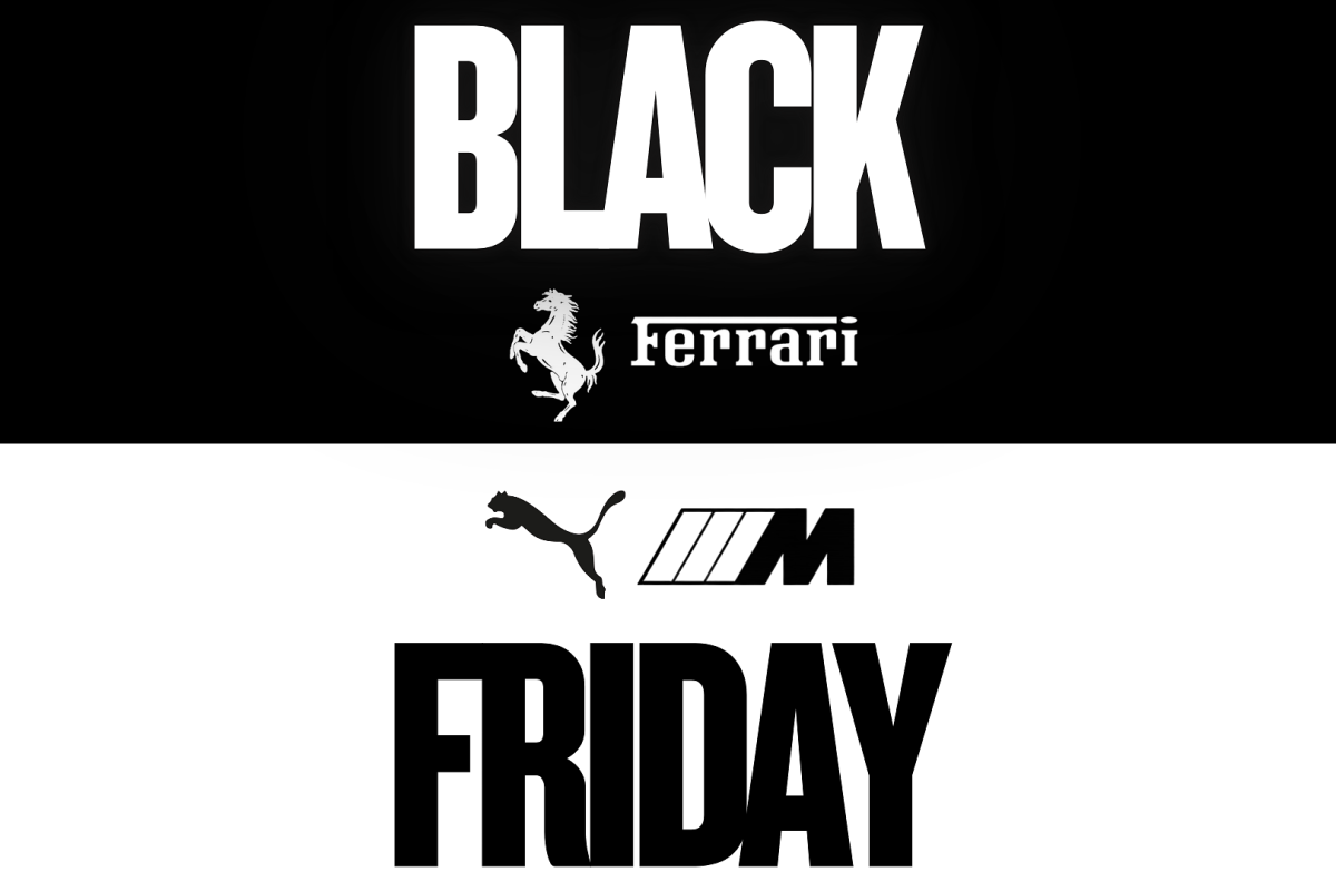 Black and white split colour graphic that reads 'Black Friday' with Ferrari, BMW and Puma logos