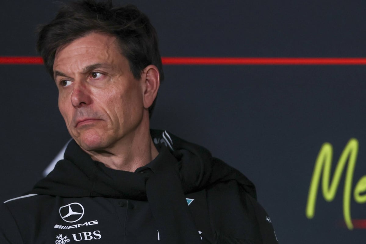 An image of Mercedes F1 chief Toto Wolff during an FIA press conference