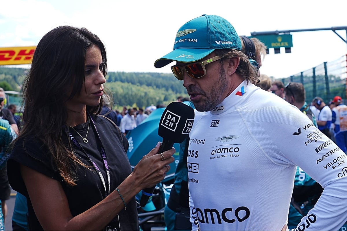 DAZN reporter Melissa Jimenez interviewing boyfriend Fernando Alonso on F1 grid