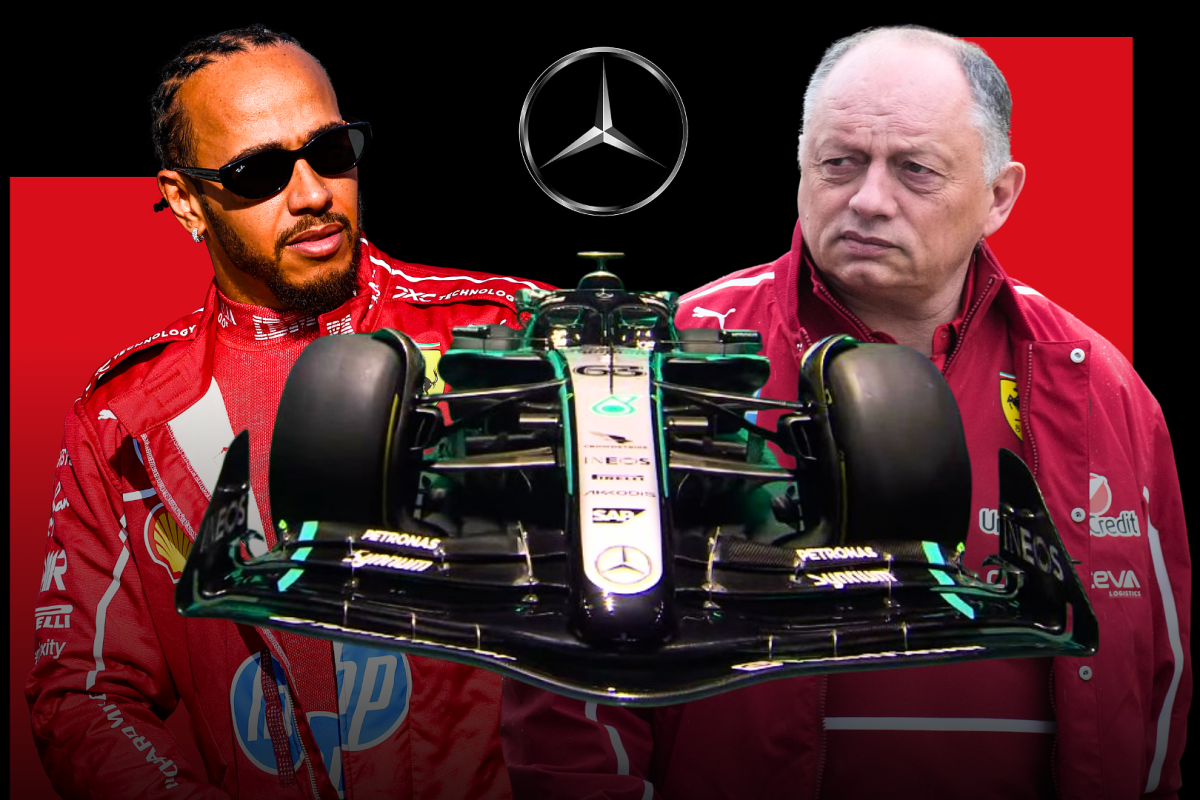 Hamilton and Vasseur looking at Mercedes F1 car in concern with red and black background